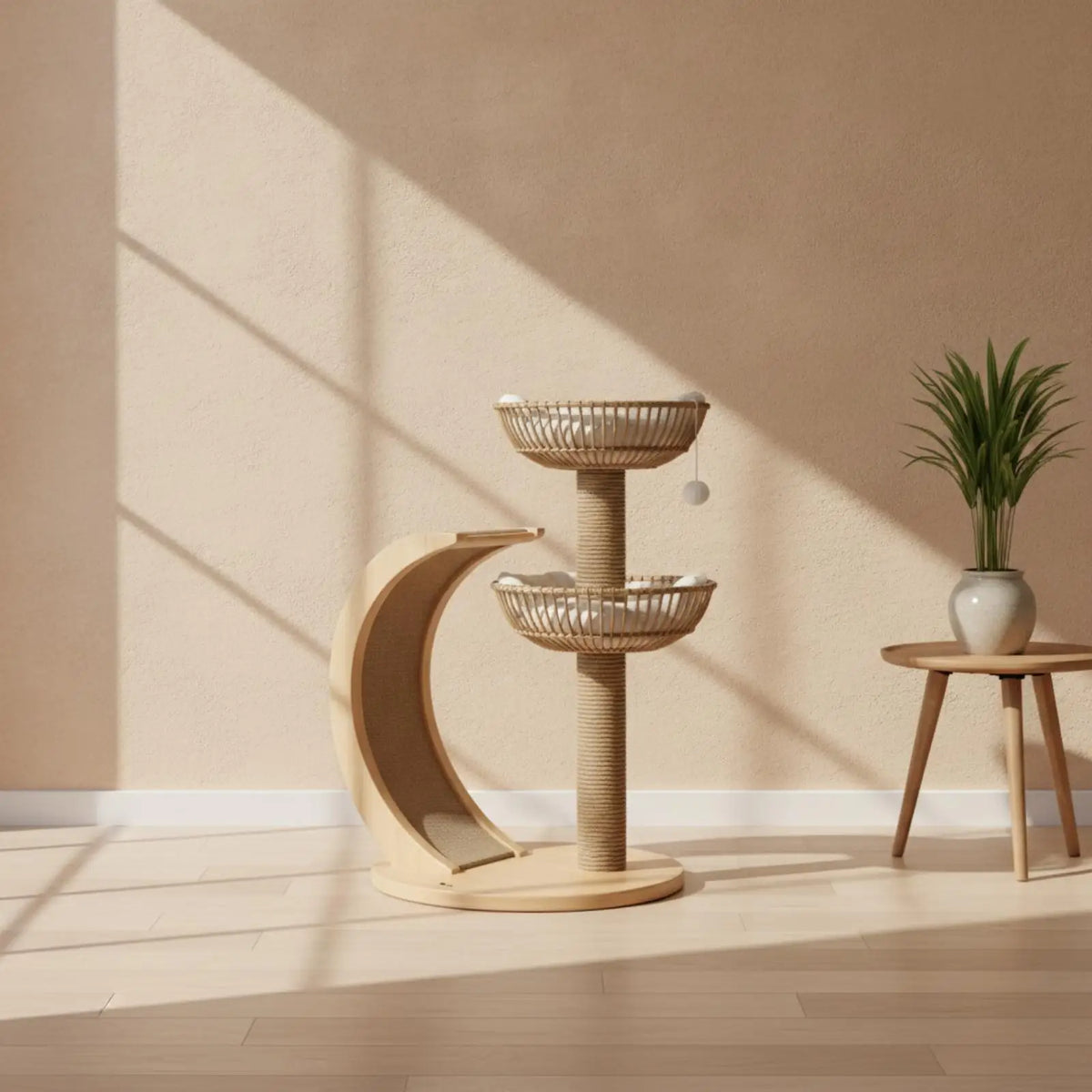 Wooden Cat Tree with Rattan Perch Compact Cat Tree with Perch Sturdy for Kittens