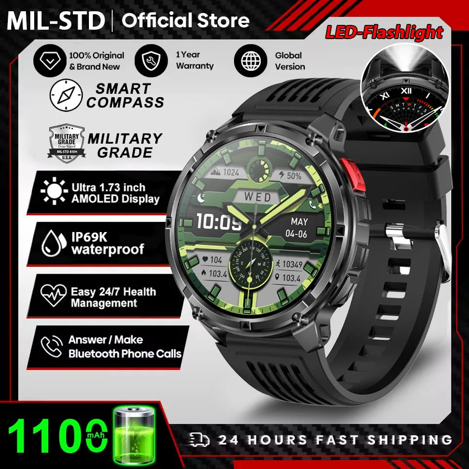 2026 New 1100mah AMOLED Smart Watch Men 170+Sport Fitness LED Flashlight IP69 Waterproof Bluetooth call GPS track Smartwatch iOS