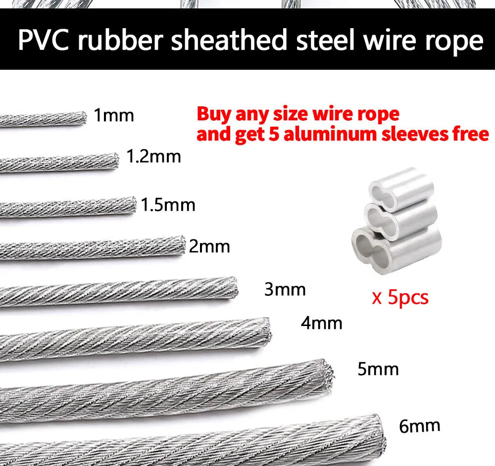 Steel Wire Rope Transparent Color PVC Plastic Coating 1.0-6mm 304 Stainless Cable Used For Clotheslines 5M/10M/20M/50M/100M