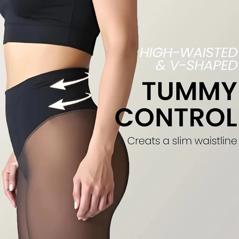 One-Seam Fleece Lined Tights - Sheer-Look Thermal Leggings, Plus Size