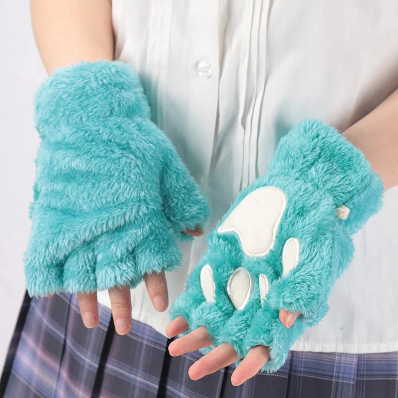 Women's Cat Paw Fingerless Gloves, Plush