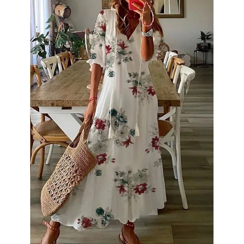 2026 Women Vintage Print Bohemian Dress Summer Fashion V Neck Half Sleeves Long Dresses Female Casual Holiday Beach Dresses