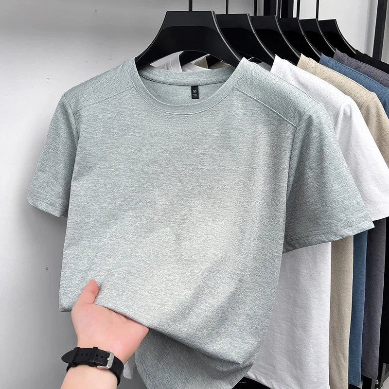Men's Melange Crew-Neck Tee - Perforated Mesh, Breathable Slim Fit