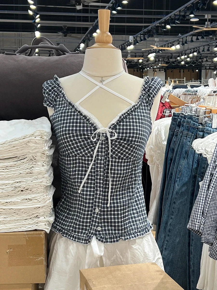 Blue Plaid Fungus T-shirt Women V Neck Single Breasted Puff Sleeve Slim Folds Tee Shirts Summer New Sweet Chic Casual Crop Tops