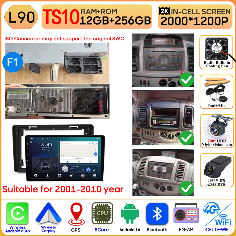 Car Stereo with Apple CarPlay & Android Auto, Compatible with Renault Trafic 2, Opel Vivaro A & Nissan Primastar