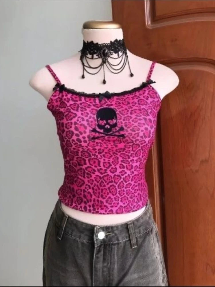 Women's Leopard Lace Cami — Y2K Patchwork Sleeveless Beach Tank Top