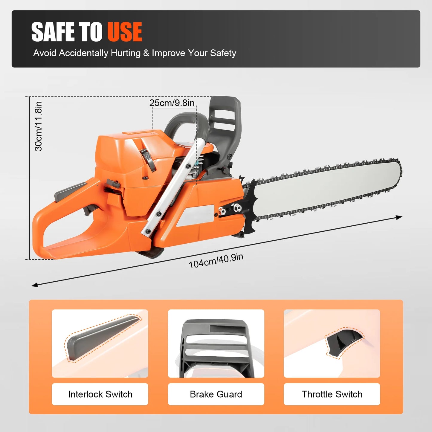 65/72cc Gas Chainsaw — 24" Guide Bar 2-Cycle Petrol Saw for Farm & Garden