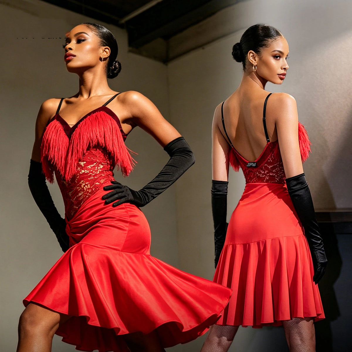 Red lace tassel Latin dance dress