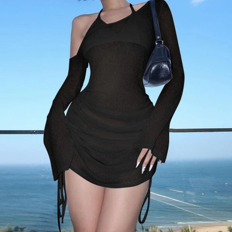 Women's Skew Collar Ruched Lace-Up See-Through Mini Dress – Drawstring Club Party Dress | Summer 2026