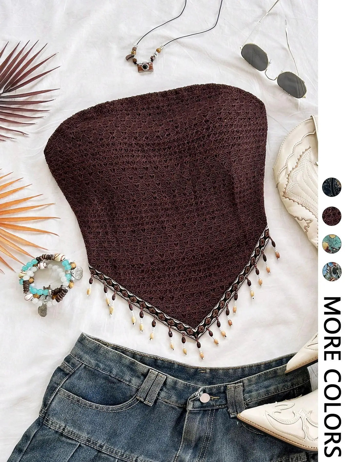 Women's beaded fringe printed mesh tube top — view 5 of 8