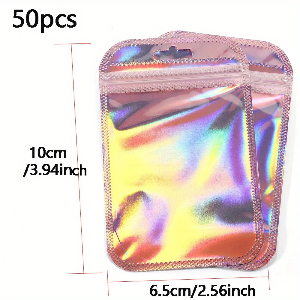 50pcs/lot Pink Laser Ziplock Bags Reusable Plastic Transparent Bags for Jewelry Packaging Cosmetic Retail Display Bags