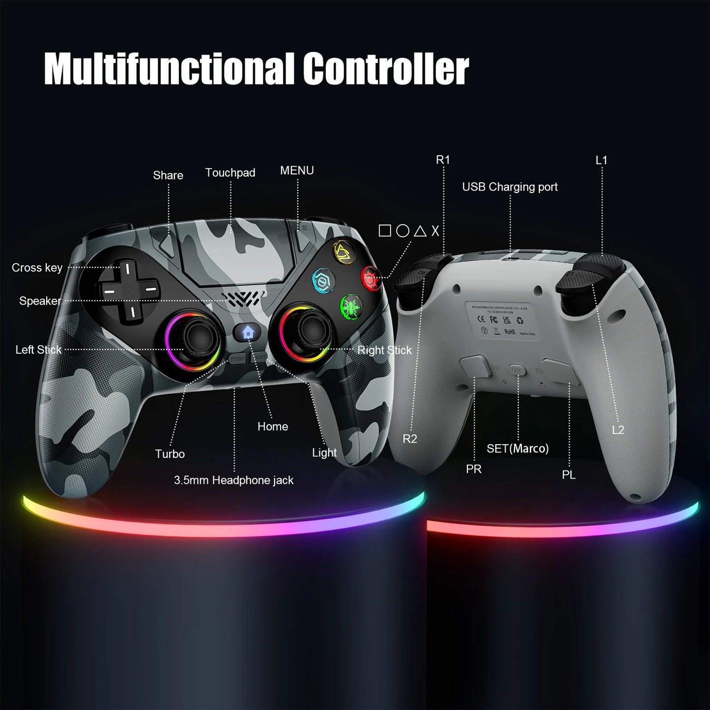 RGB Wireless Controller for Playstation5/PS5 Pro/Slim/PC,Dual Vibration Marco/Turbo Func Gamepads 3.5mm Audio Jack Game Joystick