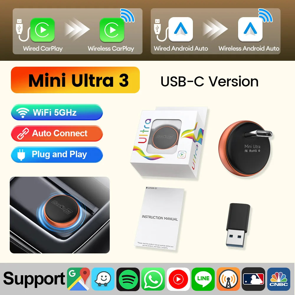CarlinKit Mini Ultra 2-in-1 Wireless CarPlay & Android Auto Adapter — 5GHz WiFi, USB-C/USB, Plug and Play