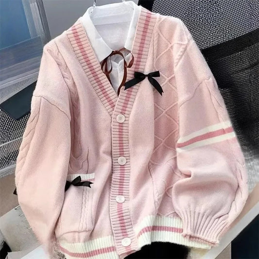 Women's Bow Knit Cardigan, Preppy V-Neck Sweater