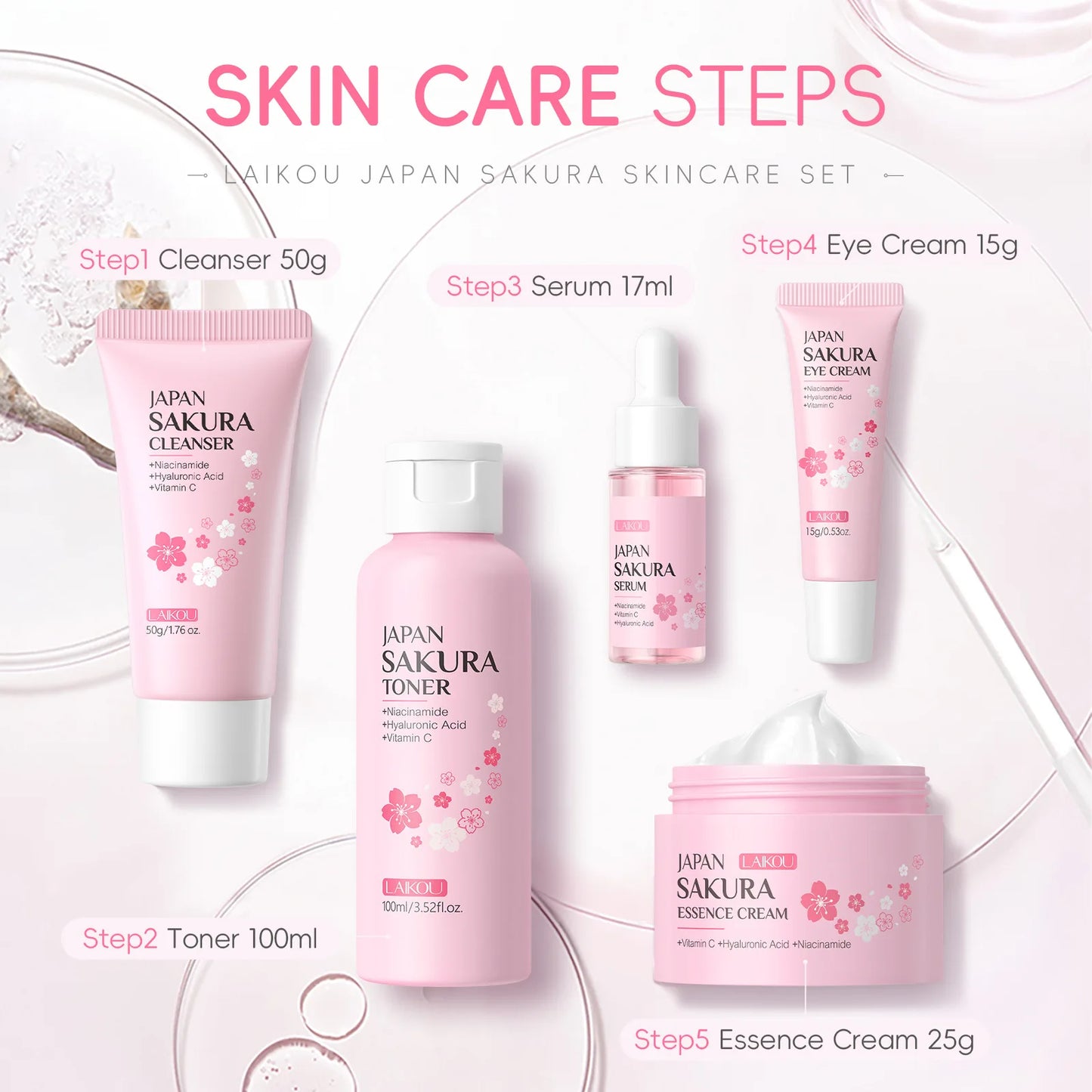 5pcs/set Laikou Sakura Skin Care Set Facial Cleanser Toner Face Serum Eye Cream Hydrating Moisturizing Anti Aging Skin Care Kit