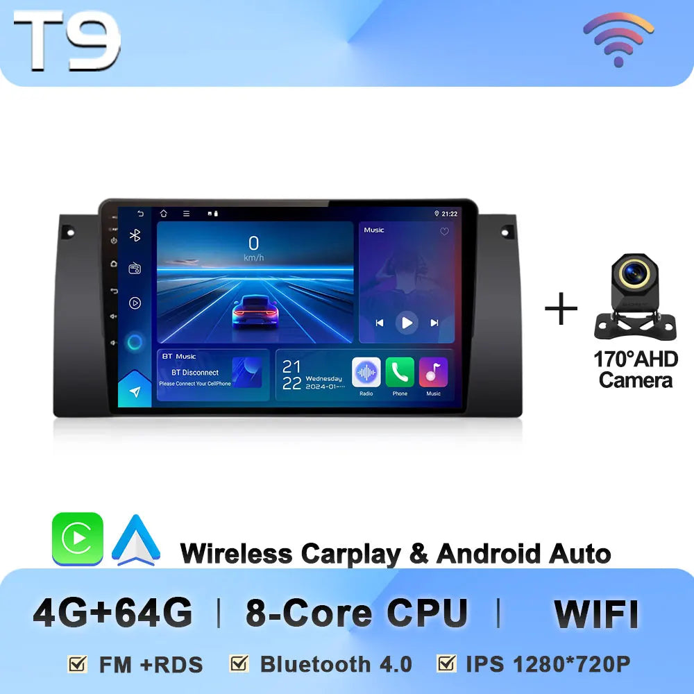 Android Car Stereo for BMW 5 Series E39 & X5 E53 (1995–2003) — Wireless CarPlay, Android Auto, 5G WiFi
