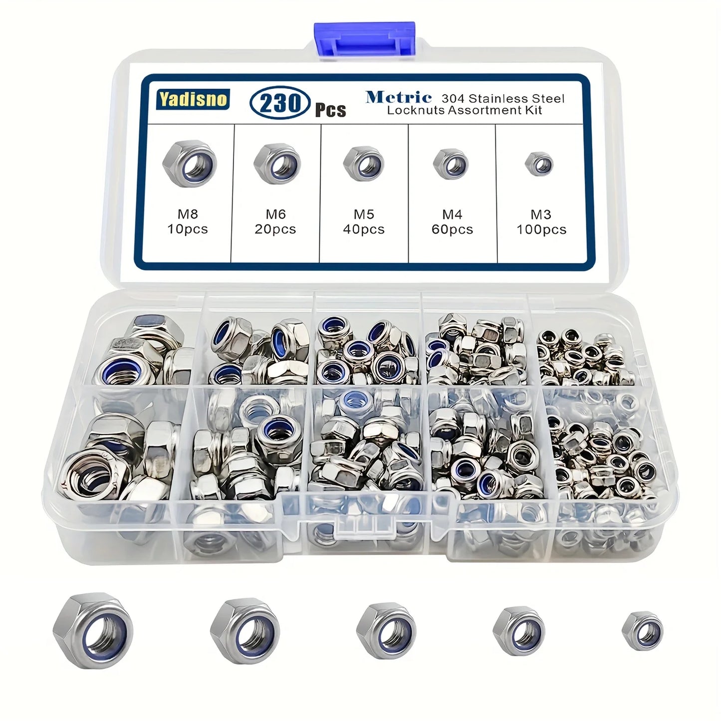 188/230/300pcs 304 Stainless Steel Lock Nut Assortment Kit  Metric Nylon Insert Locknut M3 M4 M5 M6 M8 M10 M12