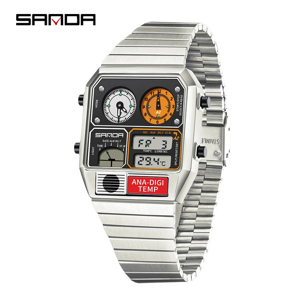 SANDA 3192 Men's Sport Watch – Analog-Digital LED, Waterproof, Stainless Steel