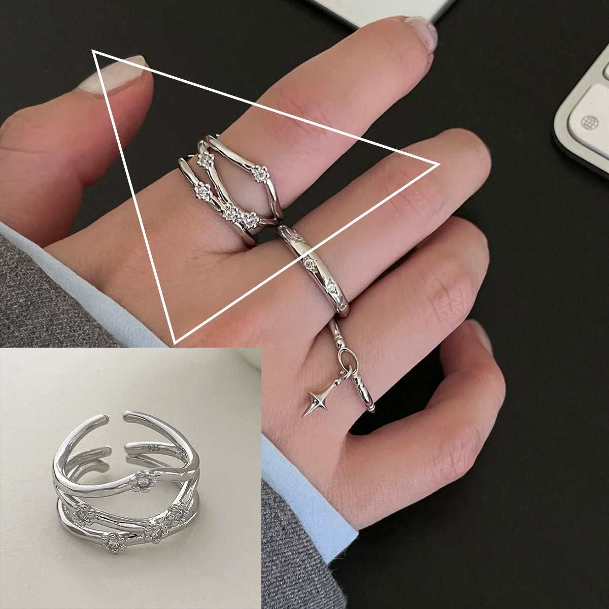 VENTFILLE 925 Sterling Silver Flower Lace Ring Korean Fashion Opening Inlaid CZ Adjustable Rings Valentine's Day Gift