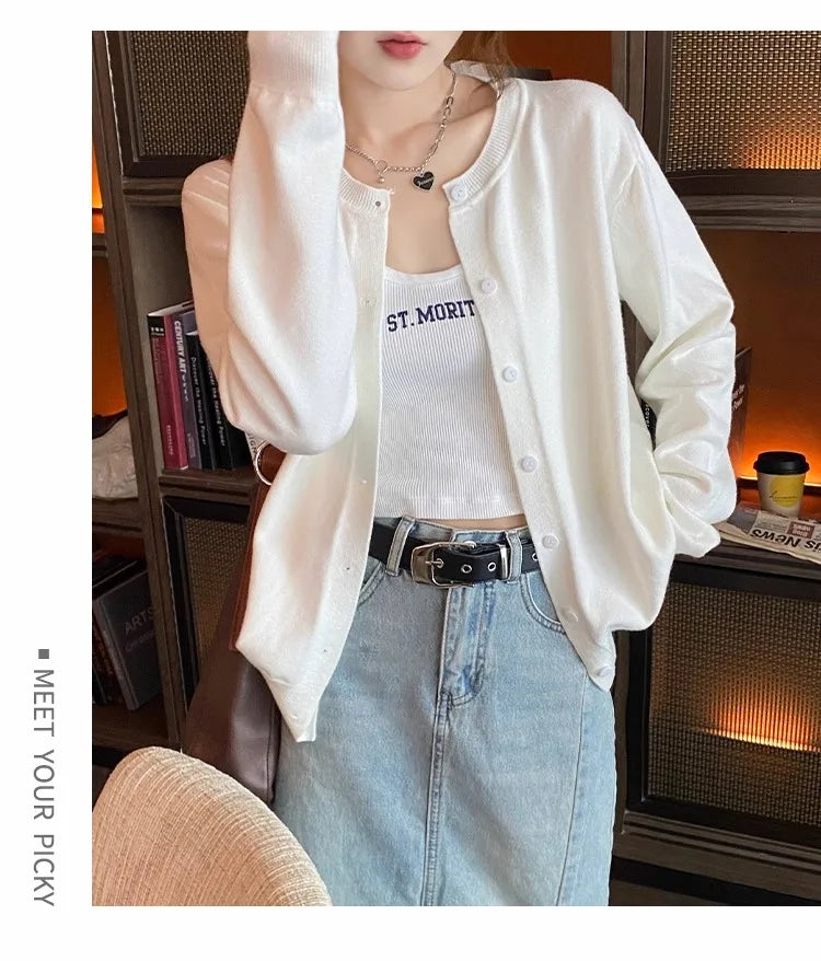 Women's slim button cardigan, crew neck knit — view 7 of 20