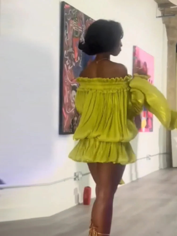 Lime Green Off-shoulder Pleated Short Dress Chic Smocked Waist Bubble Vistidos Women's Tiered Full Sleeve Beach Club Party Gown