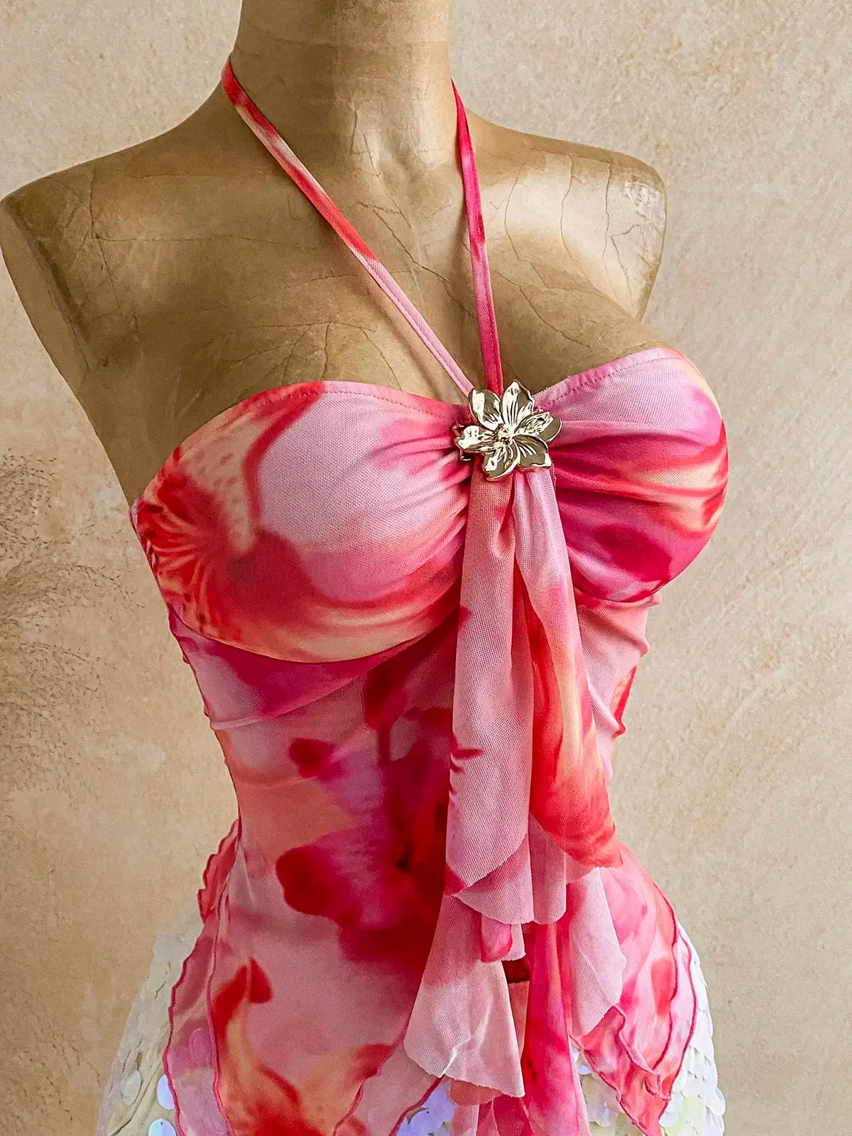 Women's floral tie-neck off-shoulder halter camisole — view 3 of 11