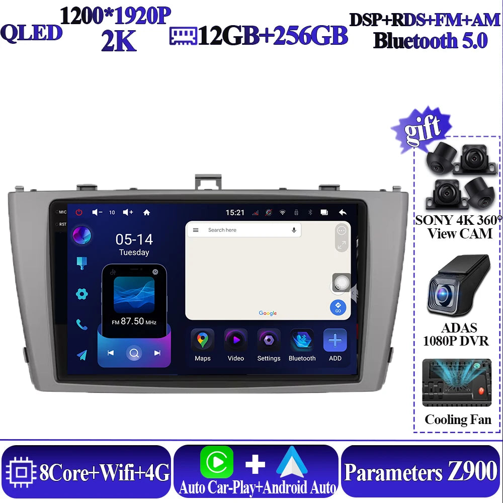 Android 16 8 core Carplay For Toyota Avensis T27 2009-2015 Car Multimedia Player 5G Wifi High-performance 7862 CPU Touch Display