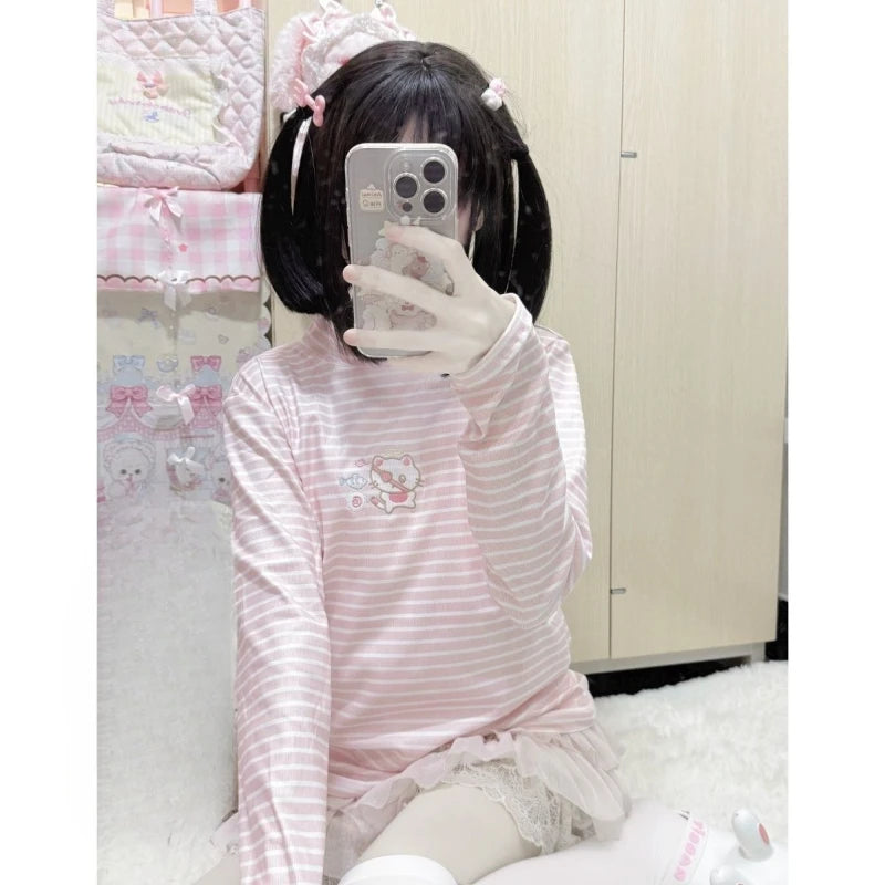Ezgaga Women T Shirts Sweet Cartoon Cat Embroidery Long Sleeve Striped Turtleneck Neck Basic Autumn Winter Fashion Tops Y2k