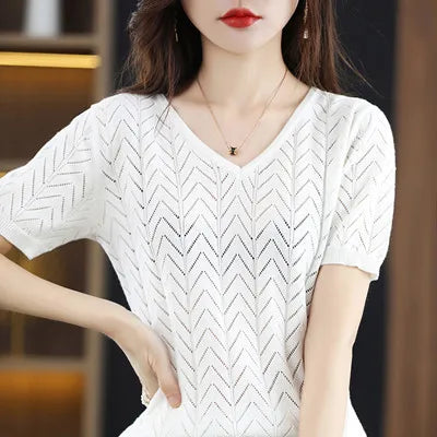 Women's T-shirt Summer New 100% Cotton Pullover Short Sleeve Casual Solid Women's Sweater Loose Fashion V-Neck Top T-shirt