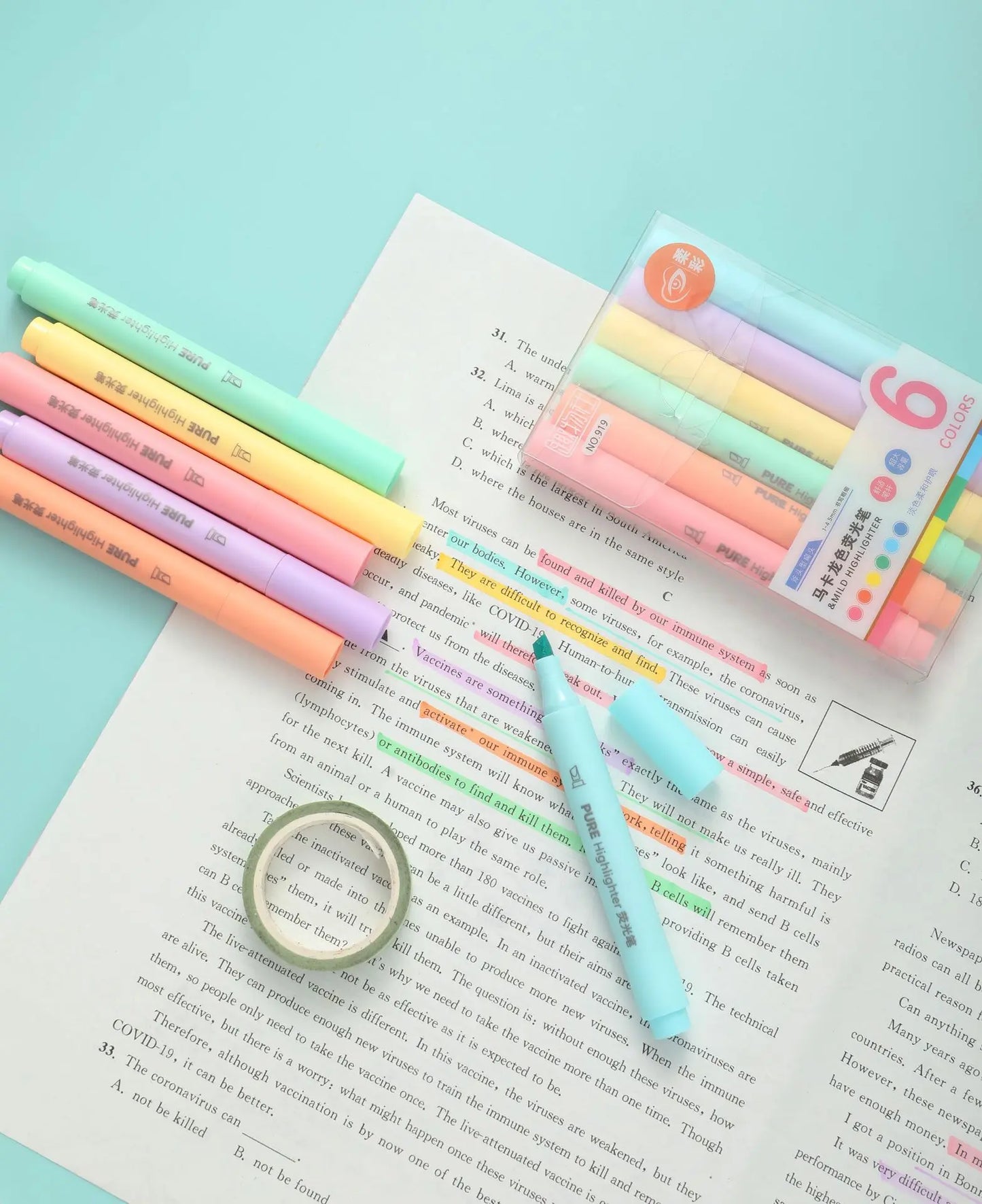6Pcs/set Pastel Color Macaron Highlighter Pen Marker Pens Fluorescent Pen Drawing Highlighters Cute Stationery School Supplies