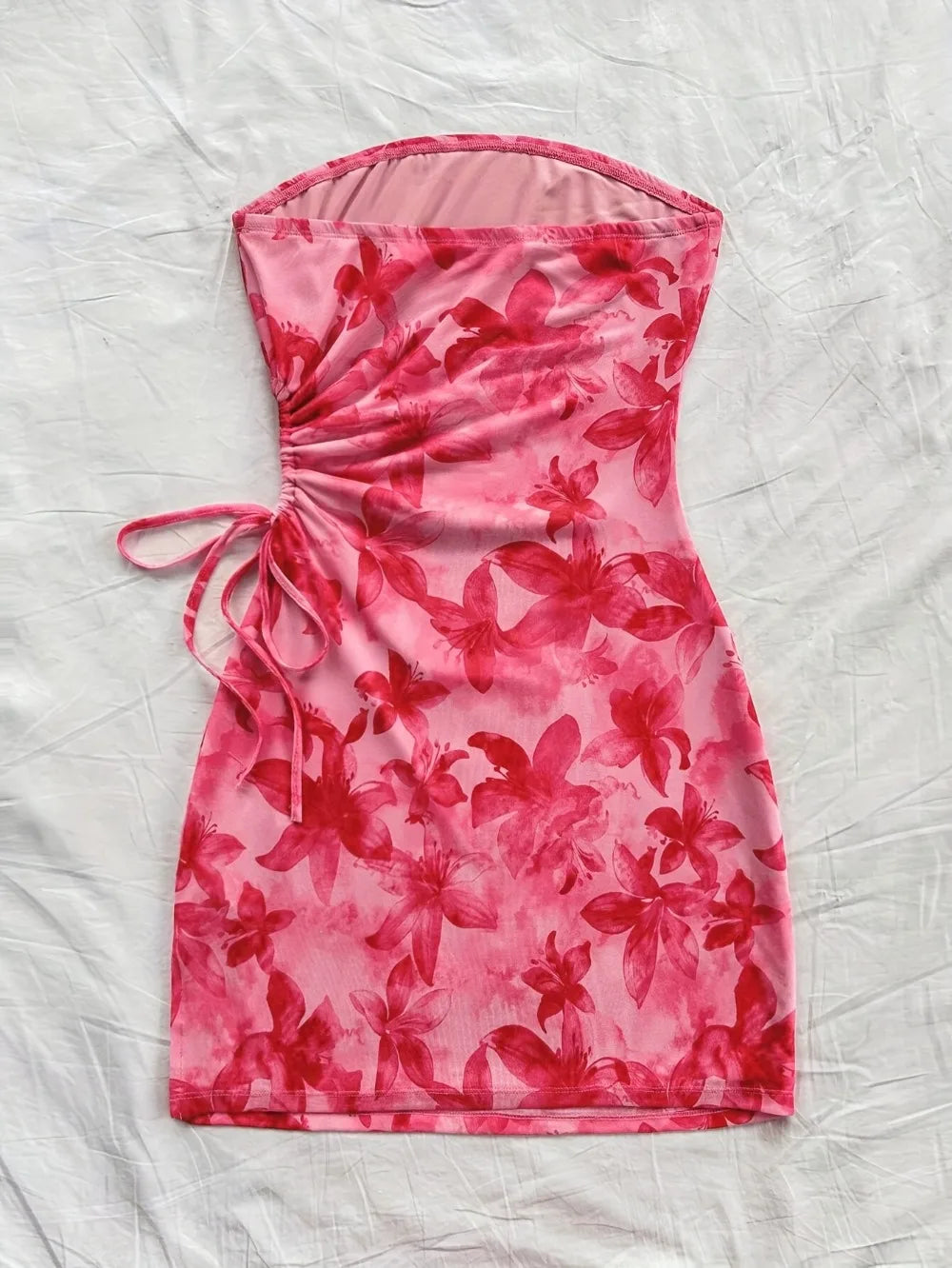 Women's 2026 Floral Print Tube Mini Dress Strapless Backless Party Club Short Ruched Drawstring Bodycon Party Dresses Streetwear