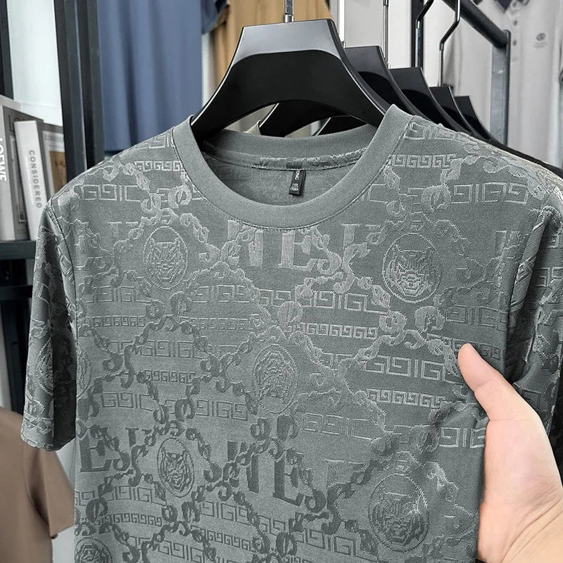 Men's Ice-Silk Mesh Tee - Jacquard Crew Neck, Slim Breathable
