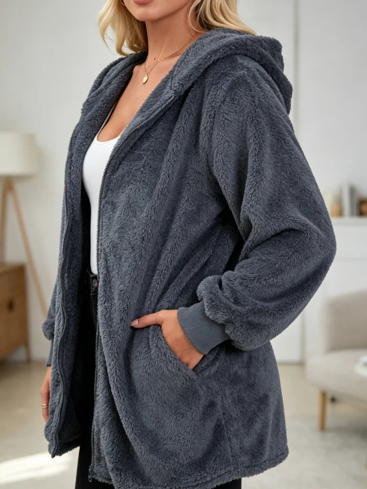 Women's Plush Zip Up Hoodie Jacket - Loose Fleece Coat with Pockets - photo 4
