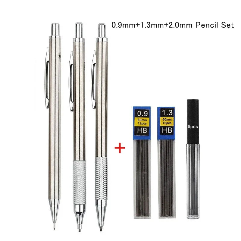 Full Metal Mechanical Pencil Set 0.3 0.5 0.7 0.9 1.3 2.0mm HB Automatic Pencil With Leads,for Art Drawing Writing Sketchin
