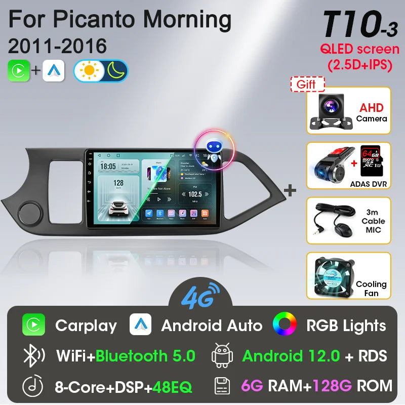 2-DIN Android Car Stereo for Kia Picanto / Morning (2011–2016) — CarPlay, Android Auto, GPS Navigation