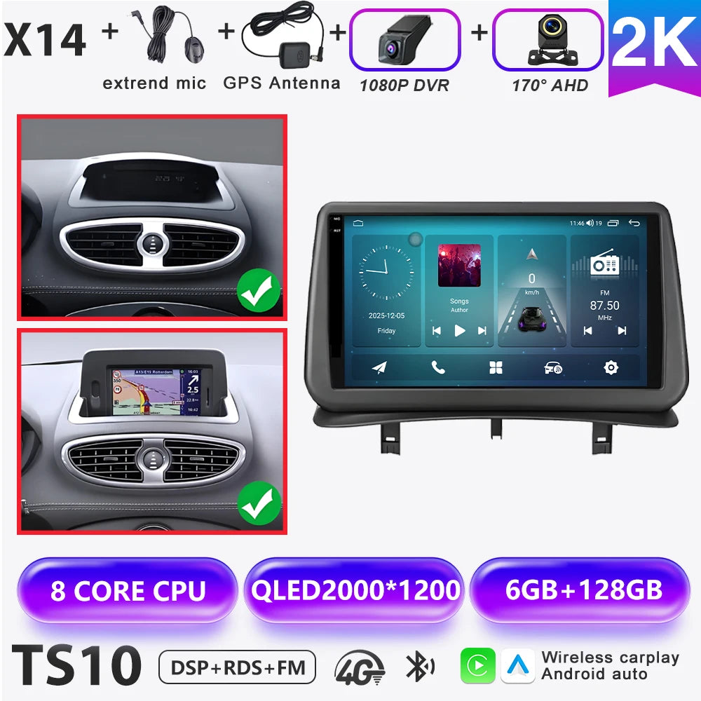 Android 16 Auto Car Radio For Renault Clio 3 2005-2014 Wireless CarPlay 4G Multimedia Player Navigation GPS Autoradio BT No 2din