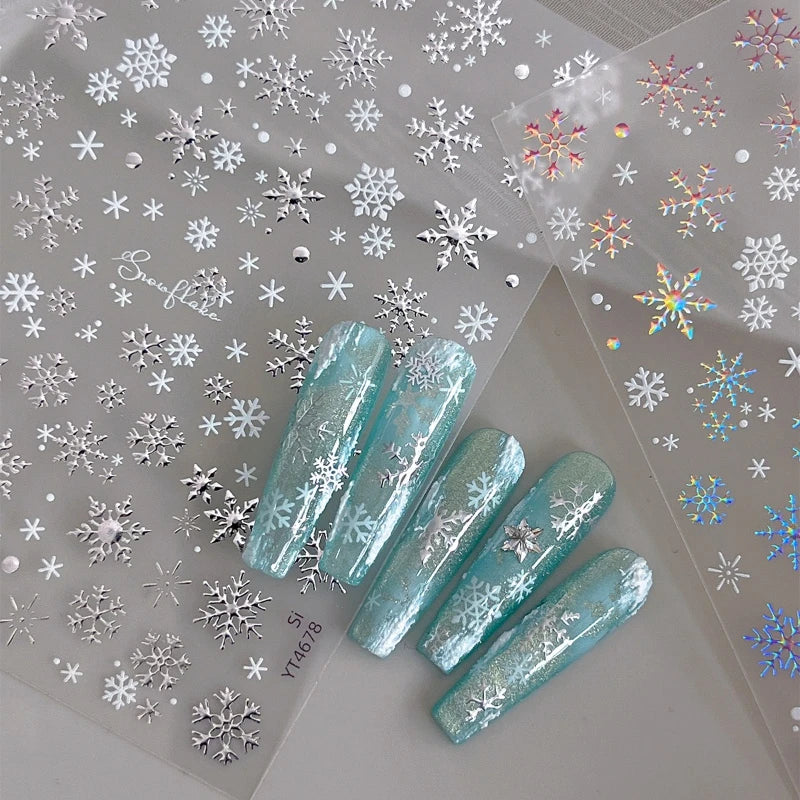 1pcs Christmas Nail Art Sticker with Gold/Silver Foil Snowflakes Iridescent Sparkle Adhesive Backing DIY  3D Nail Decoration