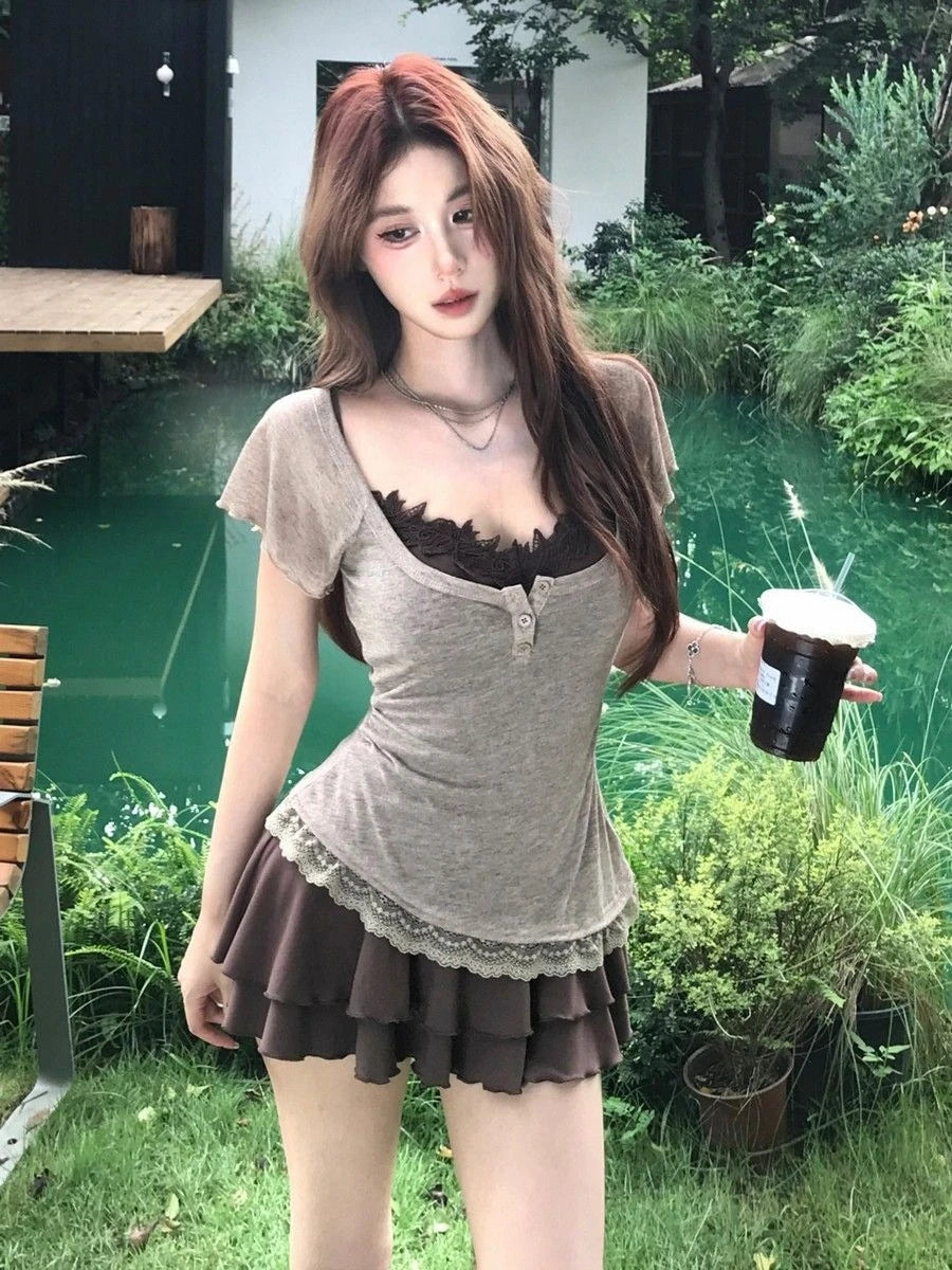 American Retro Two Piece Sets Women Gray Short Sleeve Henley Tops + Layered Ruffle Mini Skirts Harajuku Summer Lace Trim Outfits