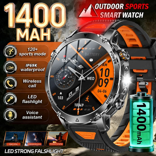 Rugged Outdoor Smart Watch — 1400mAh, 10ATM, Torch & BT Call