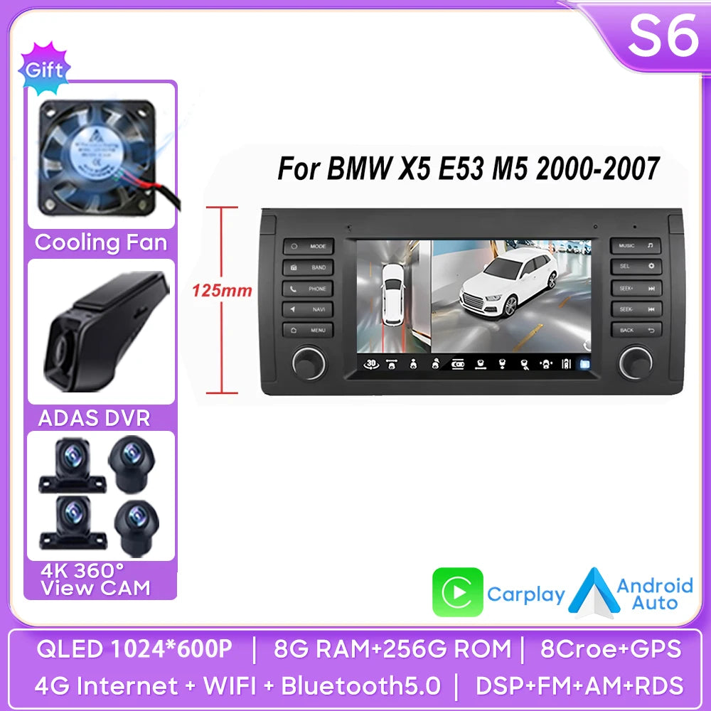 7" Android Car Stereo for BMW 5 Series E39 & X5 E53 (1996–2003) — Android Auto, GPS, 4G, WiFi, 2-DIN