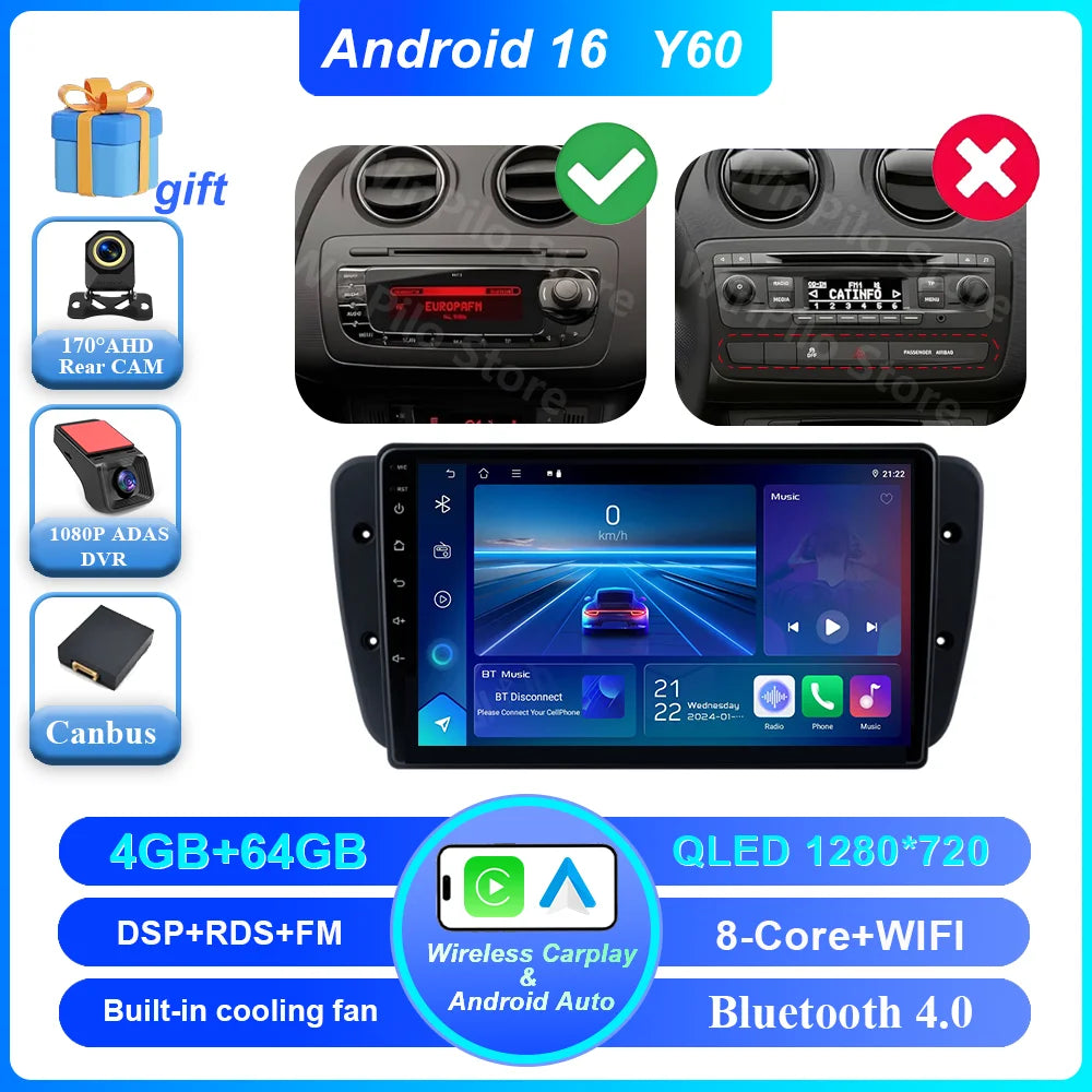 9" Android Car Stereo for Seat Ibiza MK4 6J (2008–2015) — CarPlay, Android Auto, GPS, 4G, WiFi