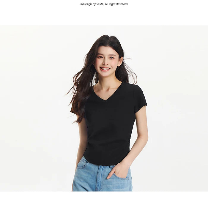 Semir Short Sleeve T-Shirt Women Cropped Slim Fit Shoulder Fit Design 2026 New Summer Embroidered Top Versatile for Chic Outfits