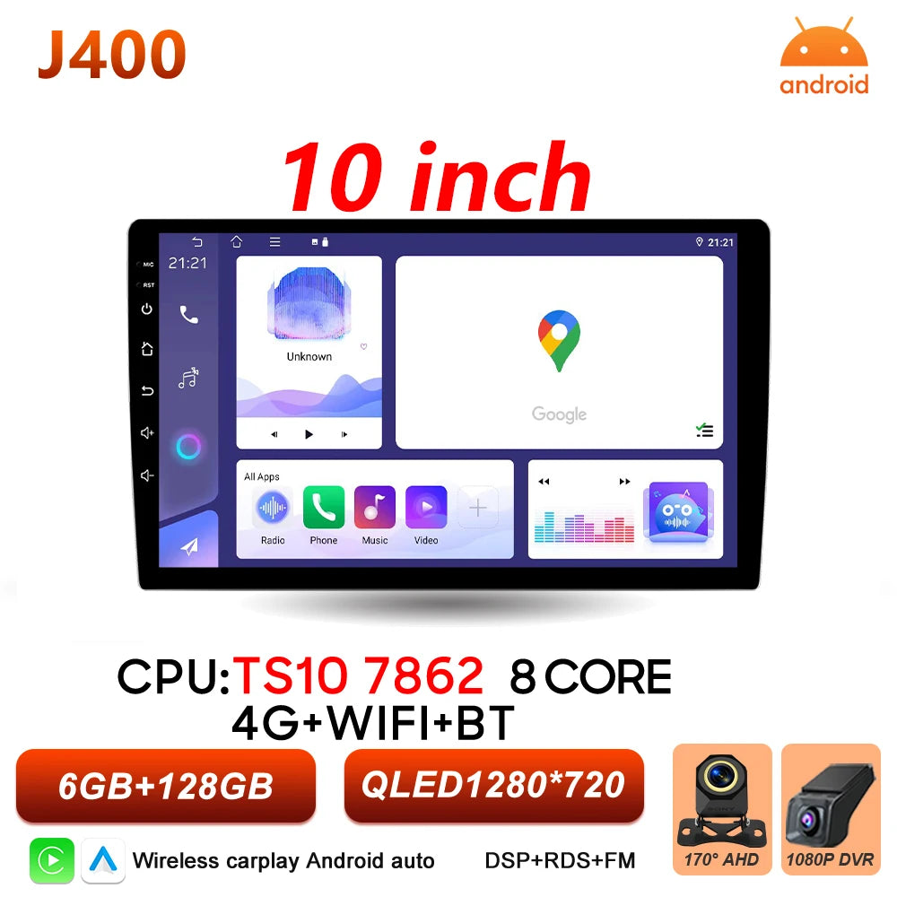 Universal 2-DIN Android Car Stereo (9"/10") — CarPlay, Android Auto, GPS, QLED Screen, WiFi, Bluetooth