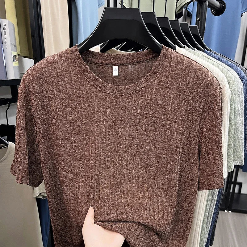 Men's Ribbed Knit Tee - O-Neck Stripe, Lightweight Breathable