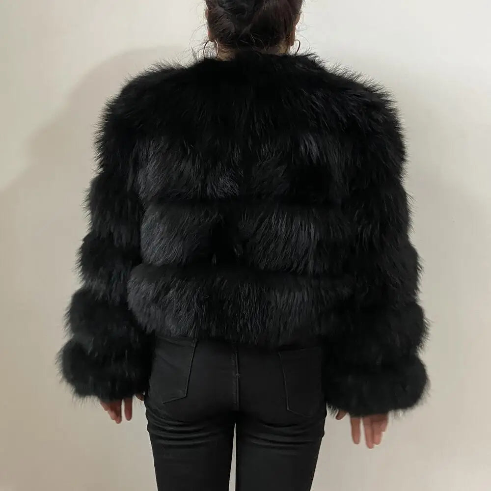Women's Hooded Raccoon Fur Coat, Turn-Down Collar