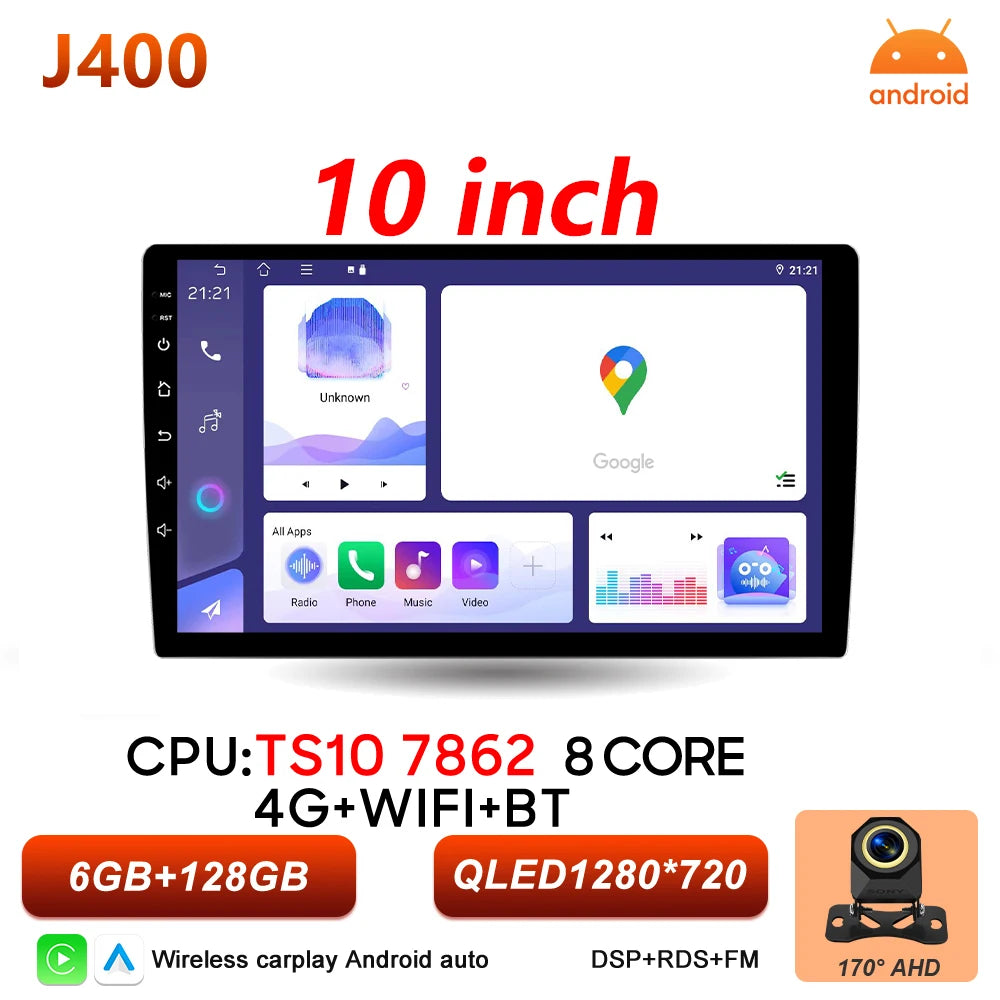 Universal 2-DIN Android Car Stereo (9"/10") — CarPlay, Android Auto, GPS, QLED Screen, WiFi, Bluetooth