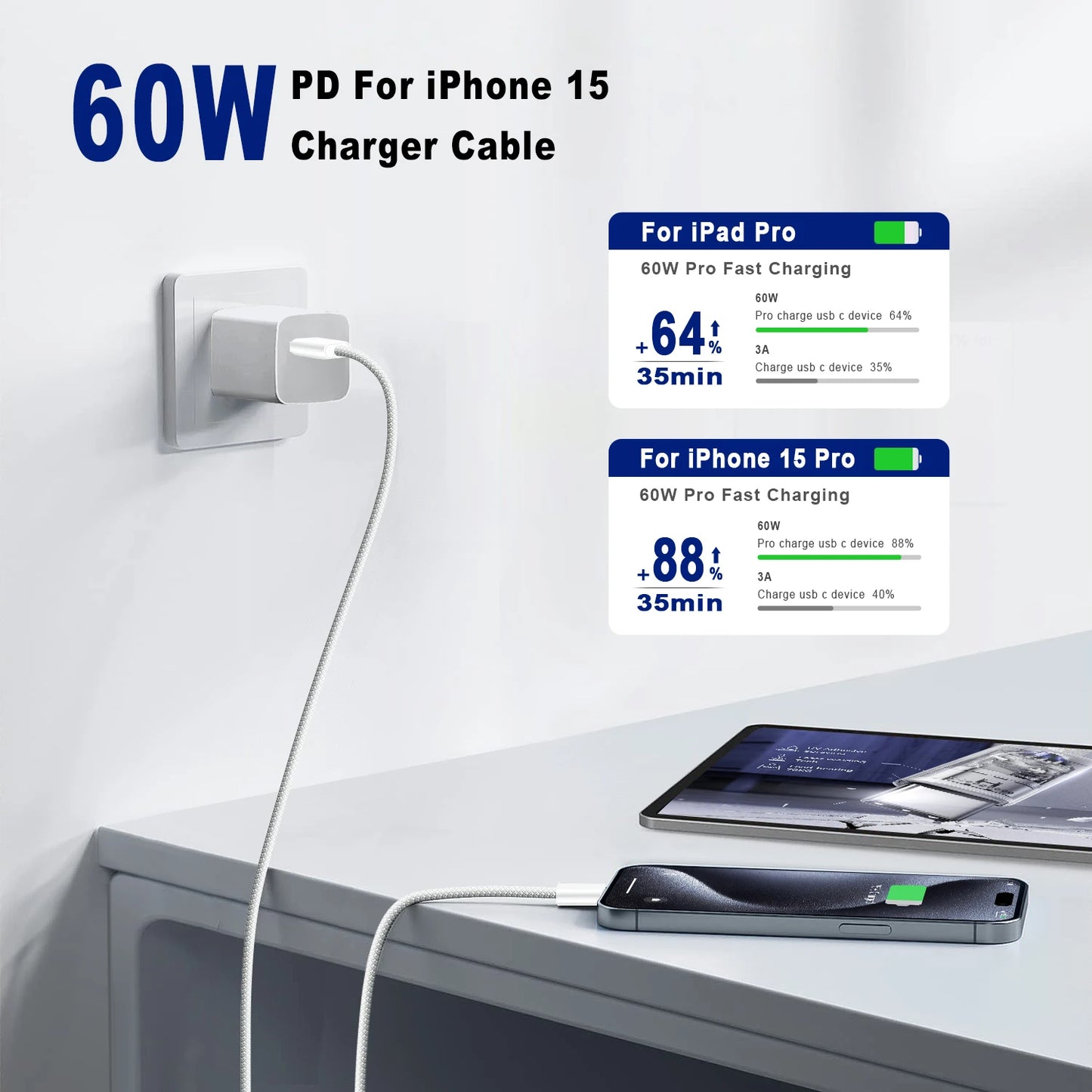 Type C to Type C Fast Charging PD 60W 1m 2m Mobile Phone Date Cable For Iphone15 16 17 Samsung Huawei USB C to C  Charger Cable