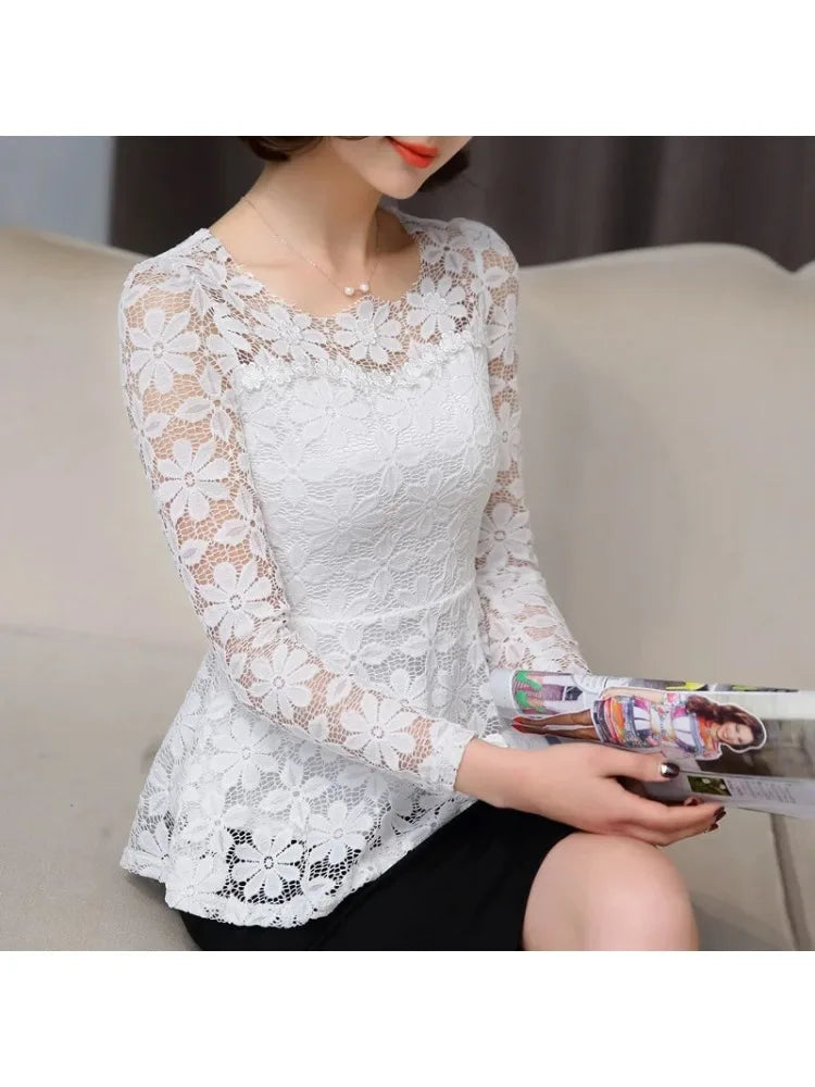 Women's Vintage Lace Long Sleeve Blouse - Pleated Plus Size Top