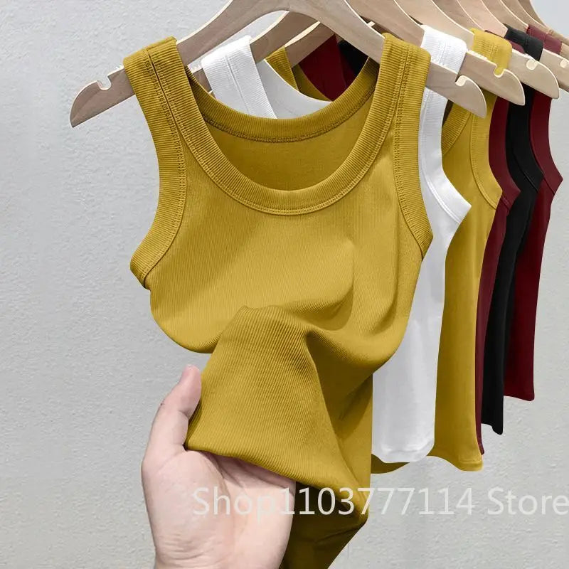 Women's Solid Round Neck RibbedTop Camisole Summer Basic Elastic Spaghetti Strap Top Lightweight Cool Base Shirt Sleeveless Vest