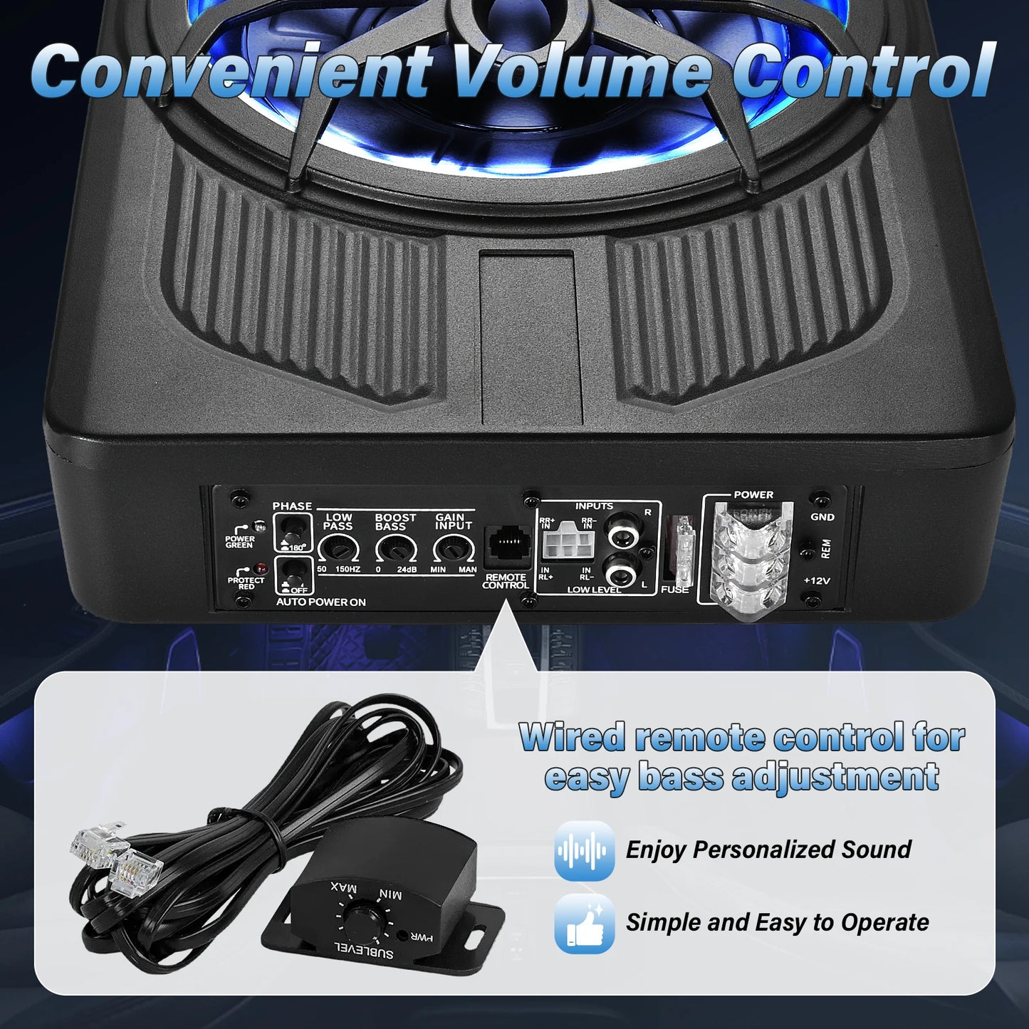 10 Inch Under Seat Subwoofer, Active Car Subwoofer, Compact Under Seat Sub 12V with Blue LED Ambient Light for Trucks, Vehicles with Limited Space